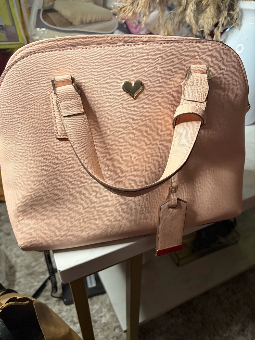 Women's Satchel Bag with Gold Heart Accent - Blush Peach